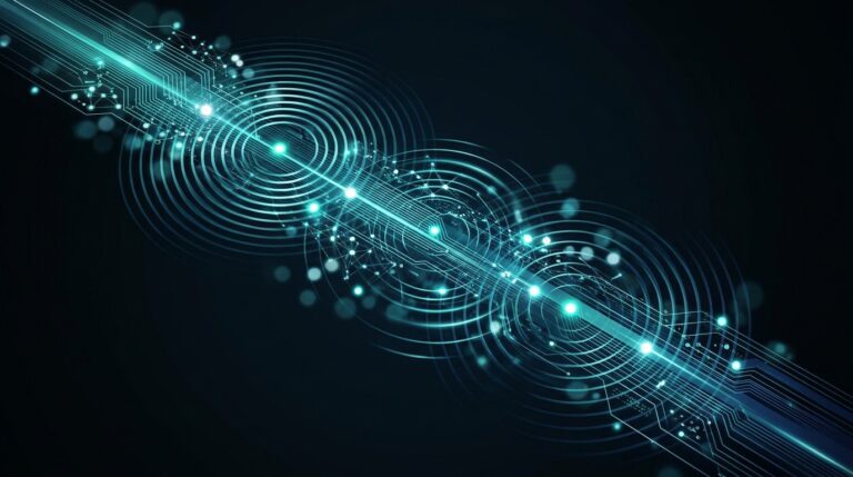 Abstract geometric illustration of sound-wave rings radiating along a curved path of motion, with glowing nodes where waves and path intersect, representing hands-free AI voice conversations while driving.
