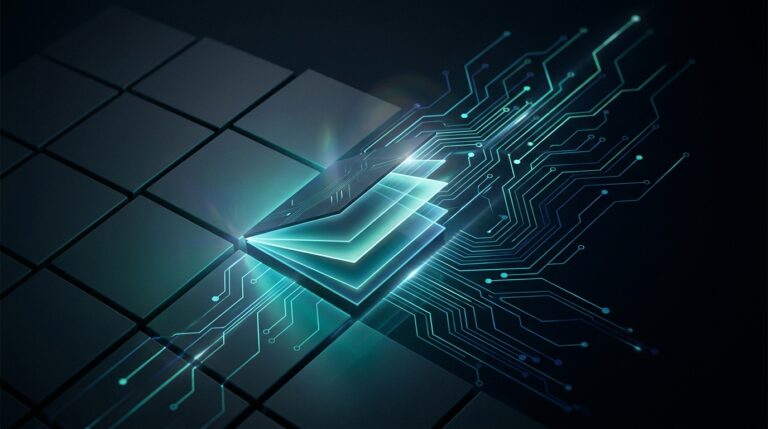 Abstract geometric illustration of a flat grid with one tile unfolding into a glowing, multi-faceted prism that projects light