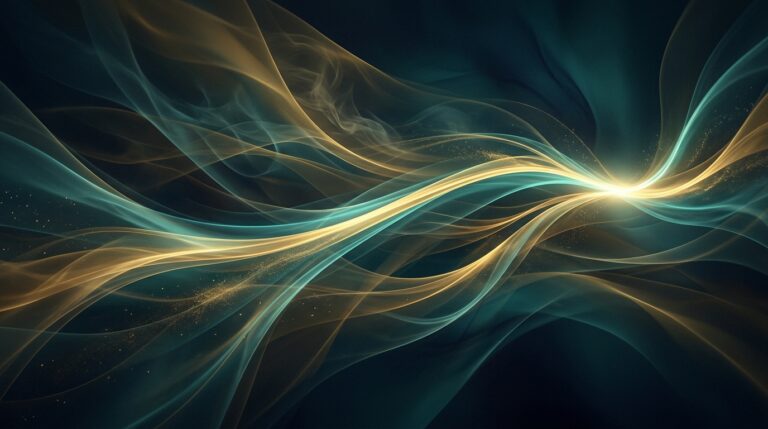Abstract flowing ribbon of color branching into streams that reconverge into a single glowing point, representing one answer repurposed across channels and surfacing in AI search